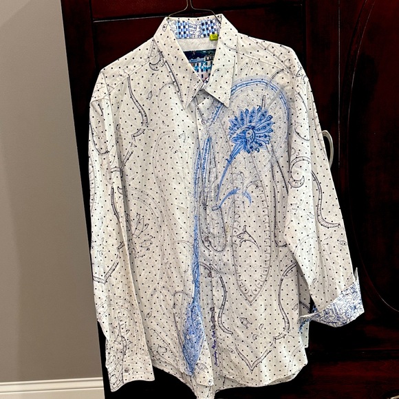 Robert Graham White Shirt with Blue Floral Design - Picture 1 of 3